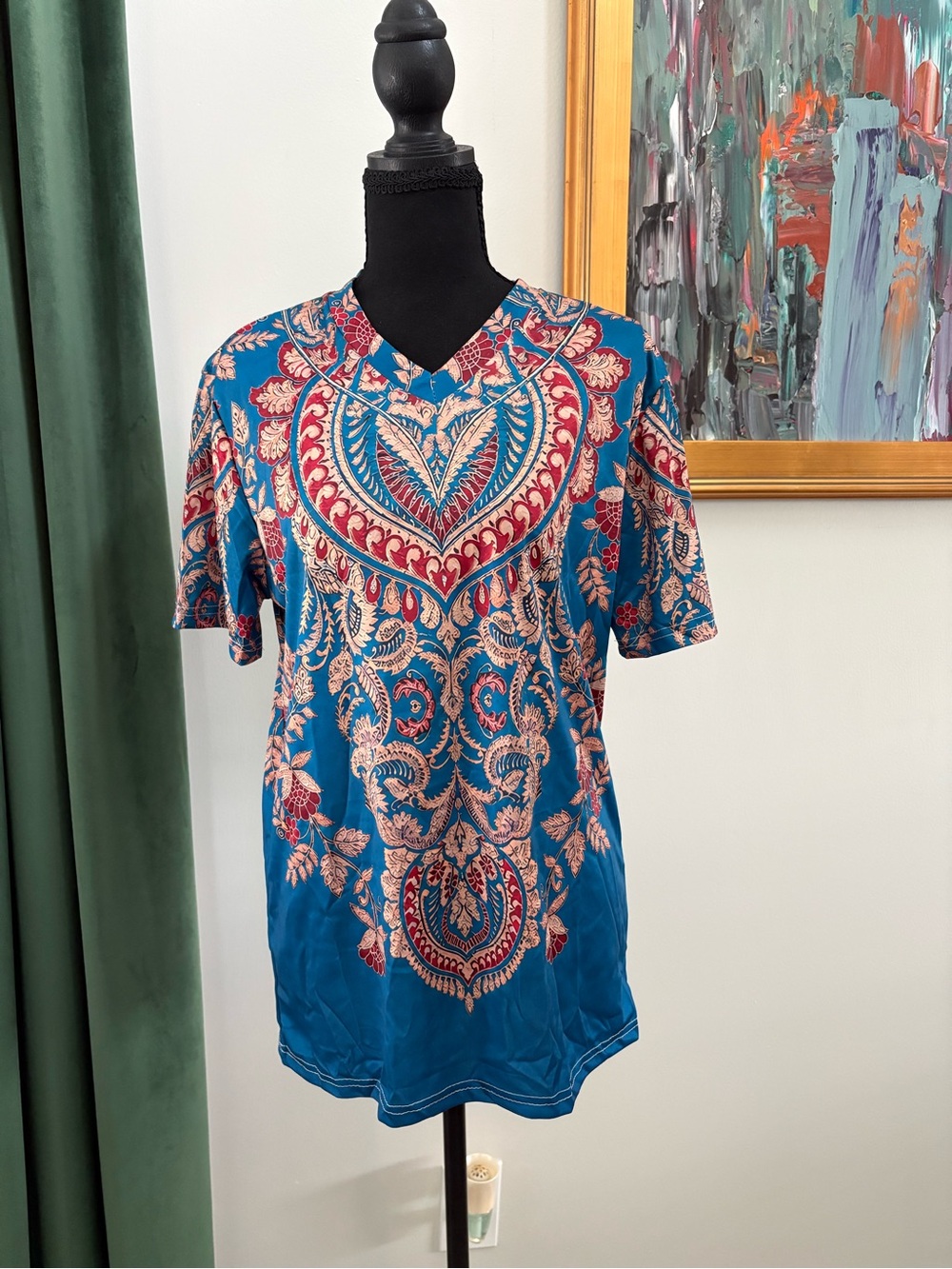 Blue Paisley V-Neck Women's Top